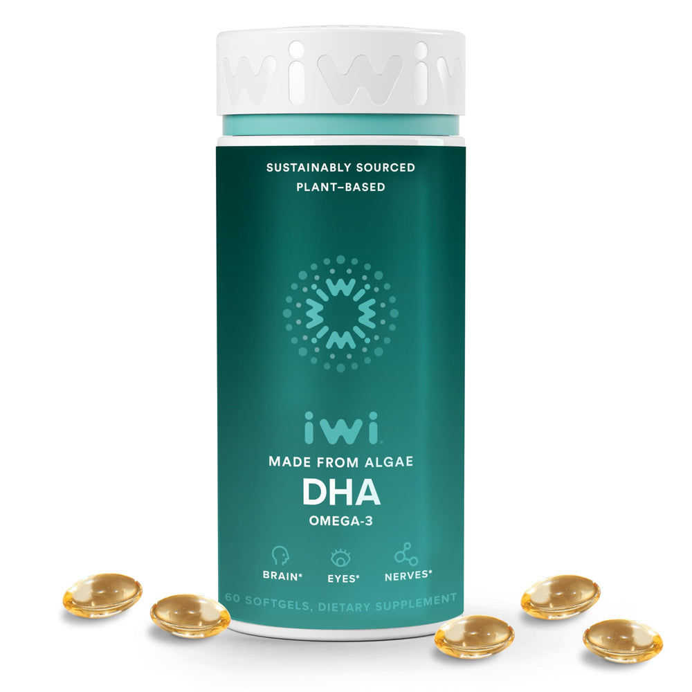 Iwi DHA Omega-3 softgels bottle showing plant-based brain and eye support.