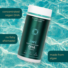 Iwi DHA softgels with a spoon suggesting convenient daily intake.