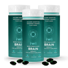 iwi life Brain Omega-3 bottle front with algae EPA/DHA capsules for focus