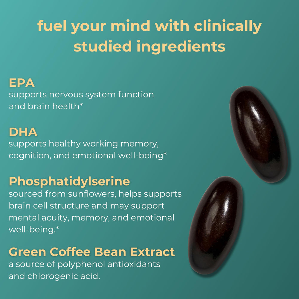 iwi life Brain Omega-3 softgels close-up, algae EPA/DHA capsules