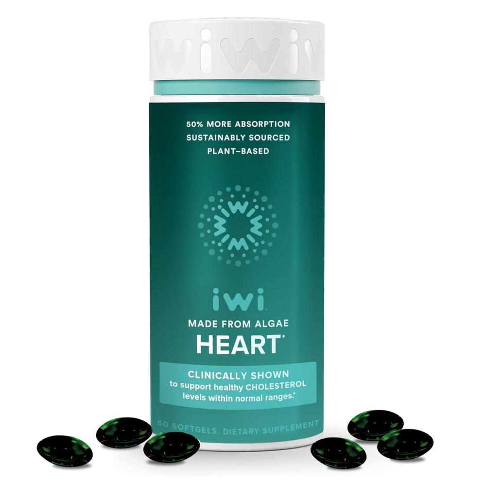 Iwi Life Heart Omega-3 bottle highlighting vegan algae EPA for heart support