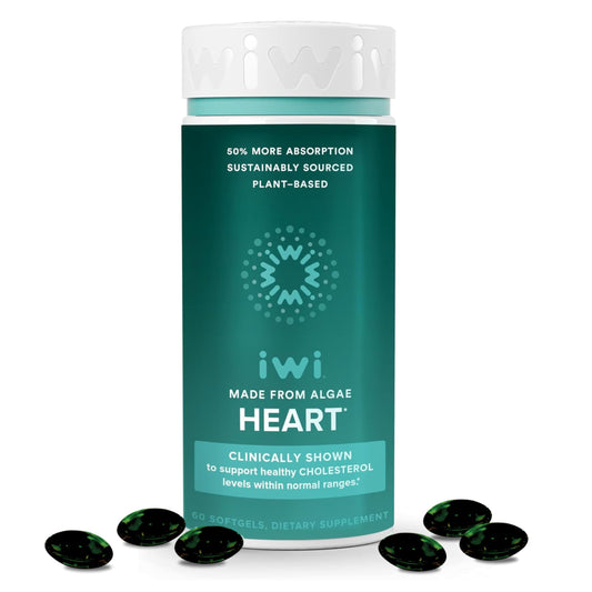 Iwi Life Heart Omega-3 bottle highlighting vegan algae EPA for heart support