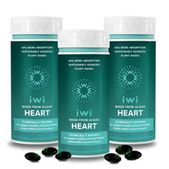 Iwi Life Heart Omega-3 softgels bottle showing vegan EPA and no fishy aftertaste.