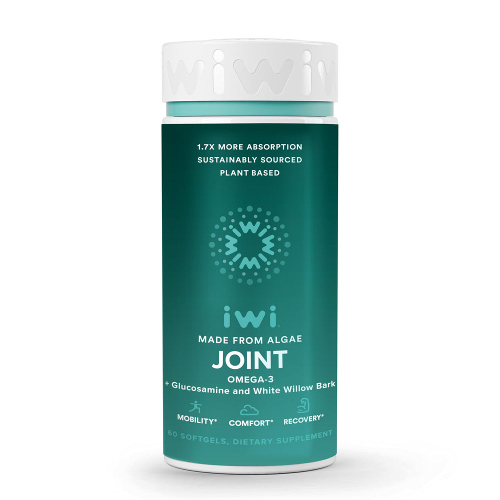 Iwi Life Joint Omega-3 bottle showcases mobility support from algae-based omega-3.