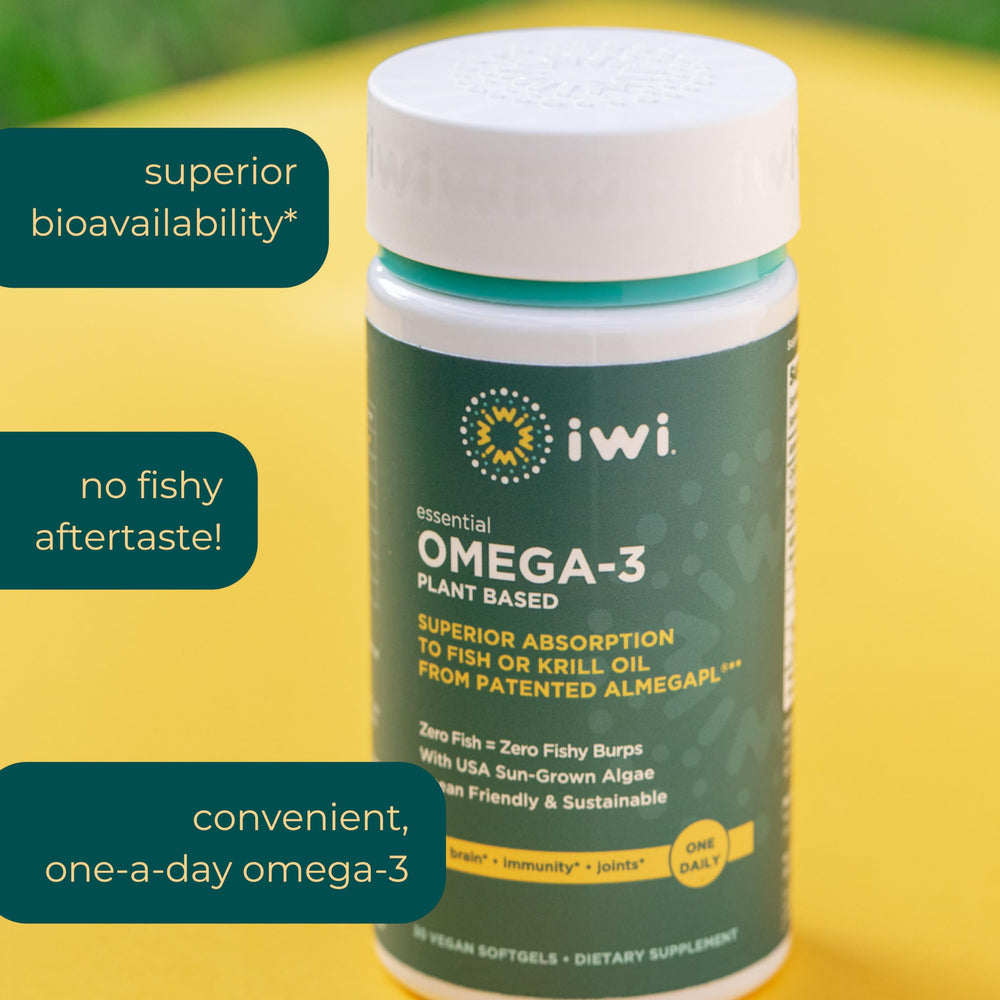 Iwi Omega-3 bottle shows no fishy aftertaste claim.