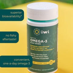 Iwi Omega-3 bottle shows no fishy aftertaste claim.