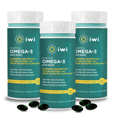 Iwi Omega-3 Essential bottle with algae softgels highlighting plant-based EPA and DHA benefits.