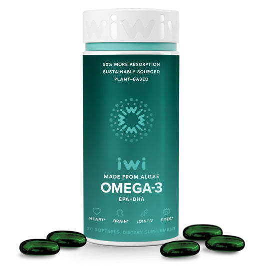 Iwi Omega-3 softgels bottle on table highlighting vegan EPA and DHA benefits