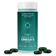 Iwi Omega-3 softgels bottle on table highlighting vegan EPA and DHA benefits
