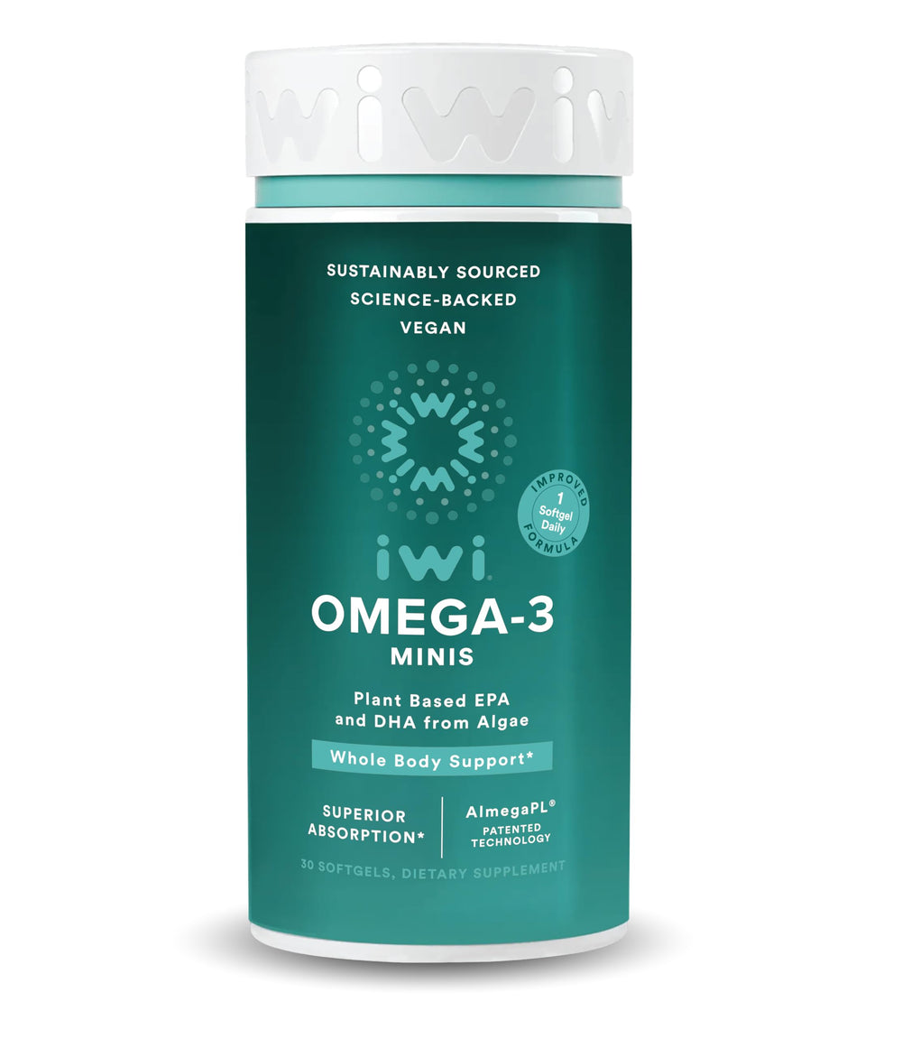 Iwi Omega-3 Mini Softgels bottle front showing compact plant-based EPA + DHA for whole-body support