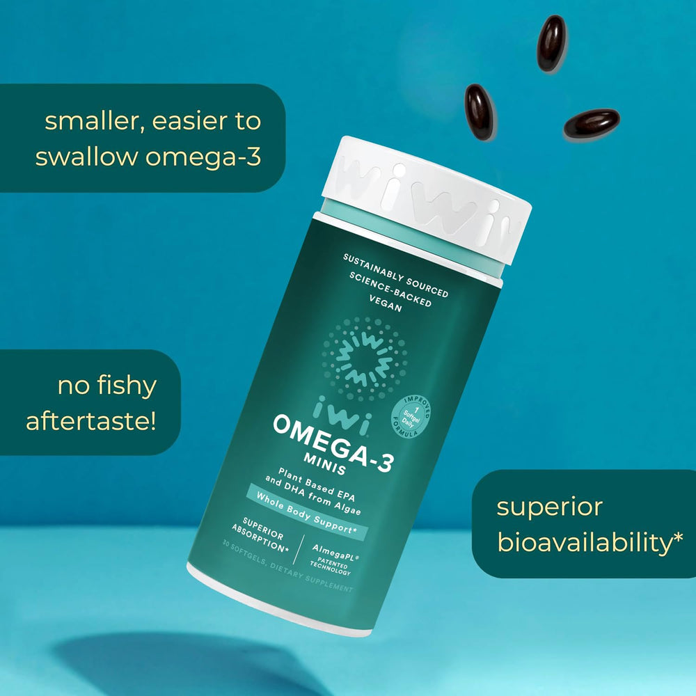 Iwi Omega-3 Mini Softgels held in hand for a sense of size and ease of swallowing