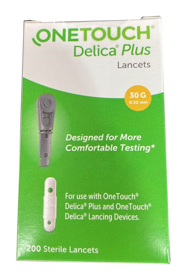 J&D International OneTouch Delica Plus lancets box of 200 for at-home testing.