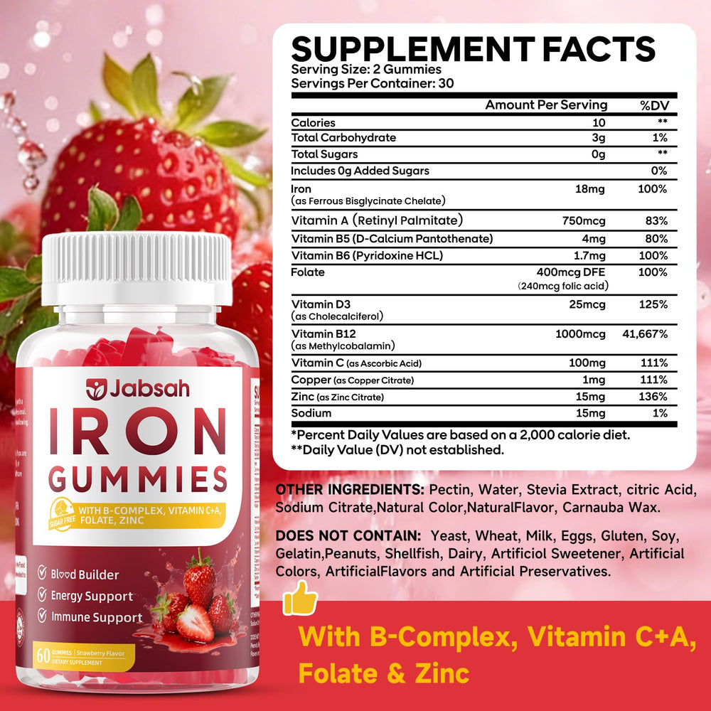 Jabsah vegan iron gummies strawberry flavor for pleasant daily iron intake.