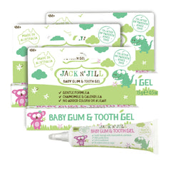Jack N' Jill teething gel tube shown for gentle gum care.