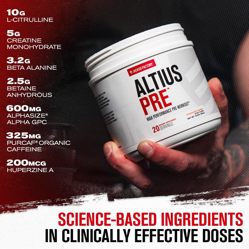 Altius label detail features Creatine Monohydrate and L-Citrulline for pumps.