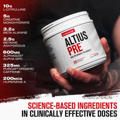 Altius label detail features Creatine Monohydrate and L-Citrulline for pumps.