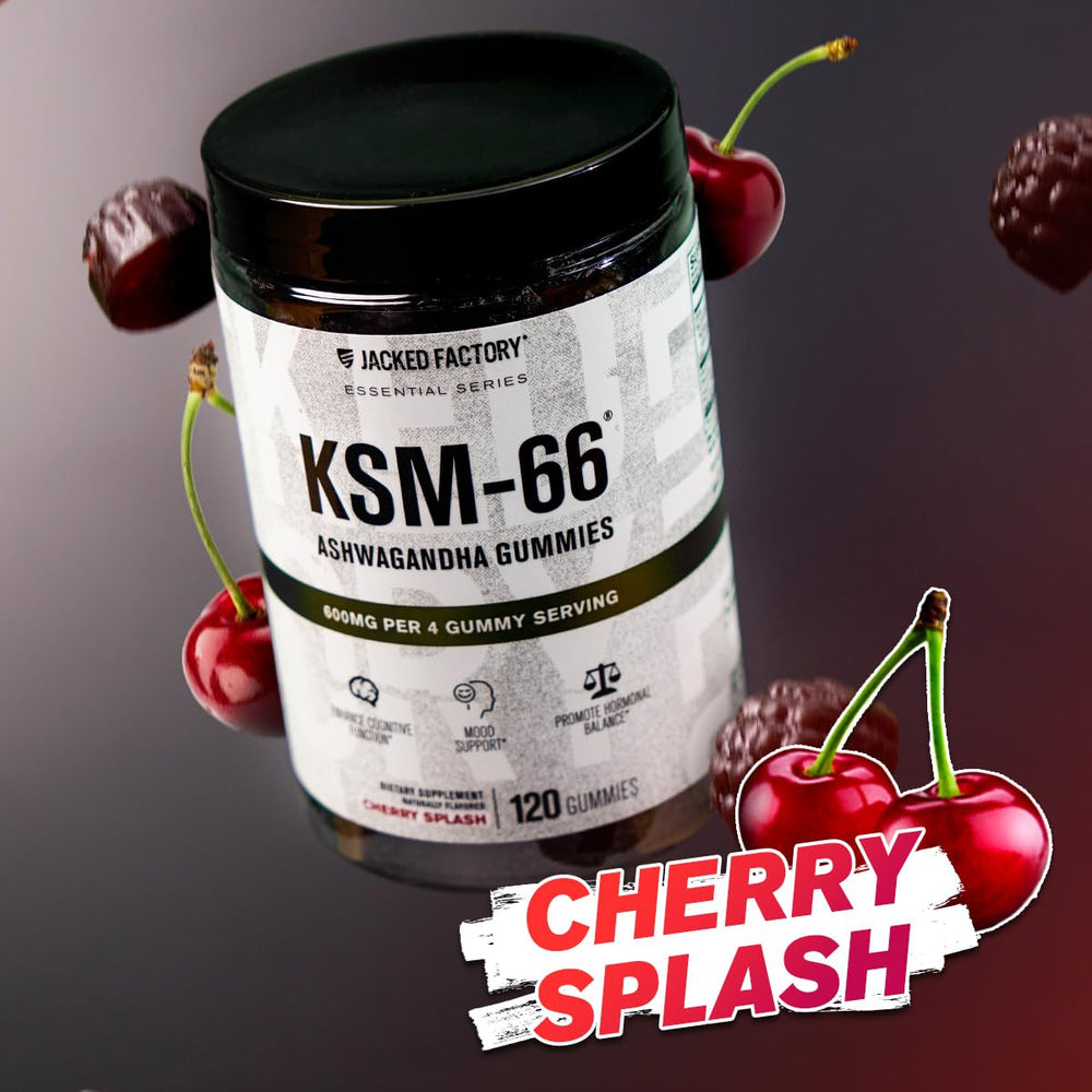 Jacked Factory Ashwagandha Gummies Cherry Splash flavor on bright background.