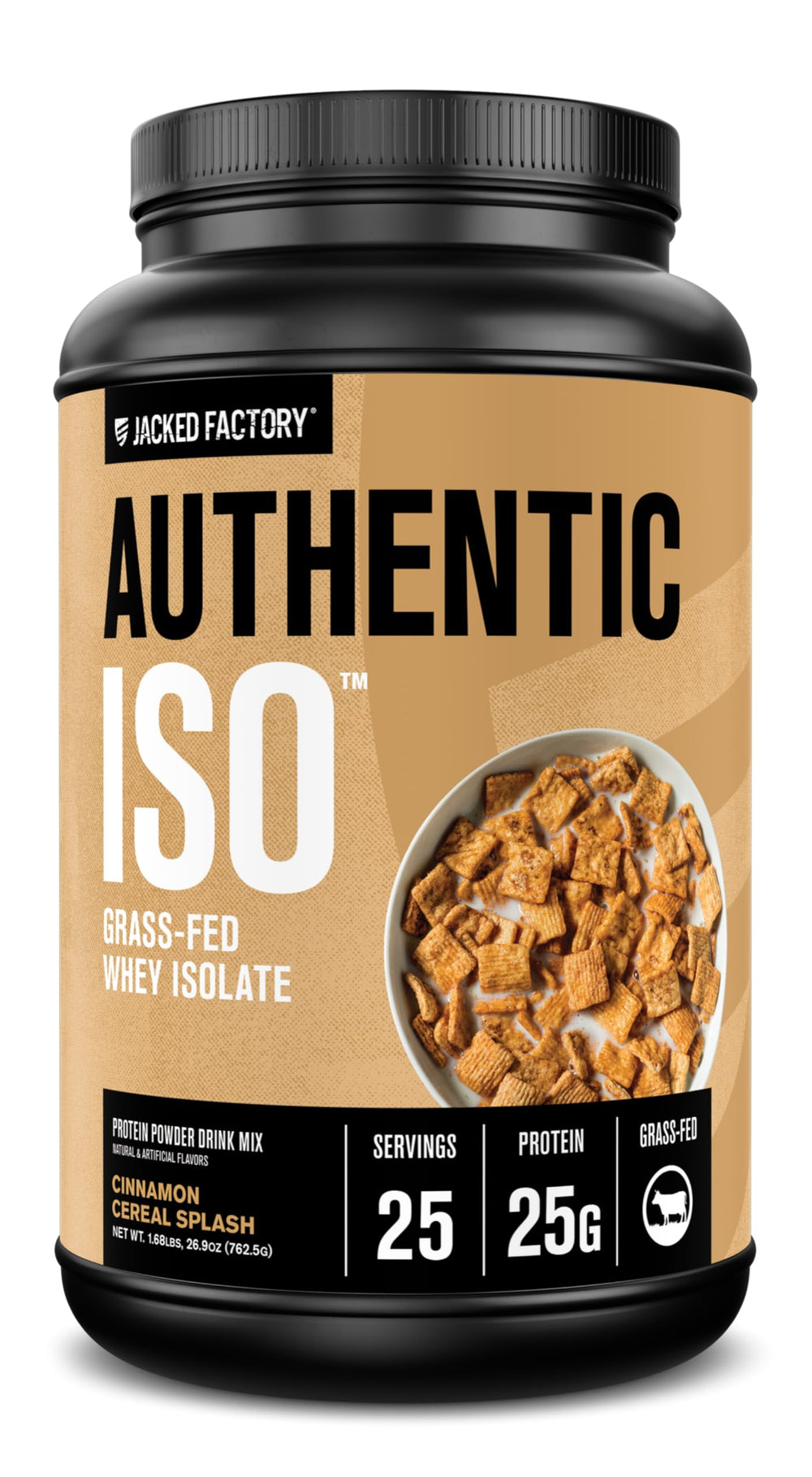 Jacked Factory Authentic ISO grass-fed whey powder bottle for post-workout recovery.