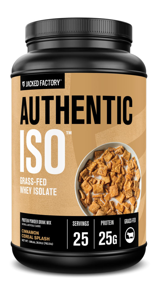Jacked Factory Authentic ISO grass-fed whey powder bottle for post-workout recovery.