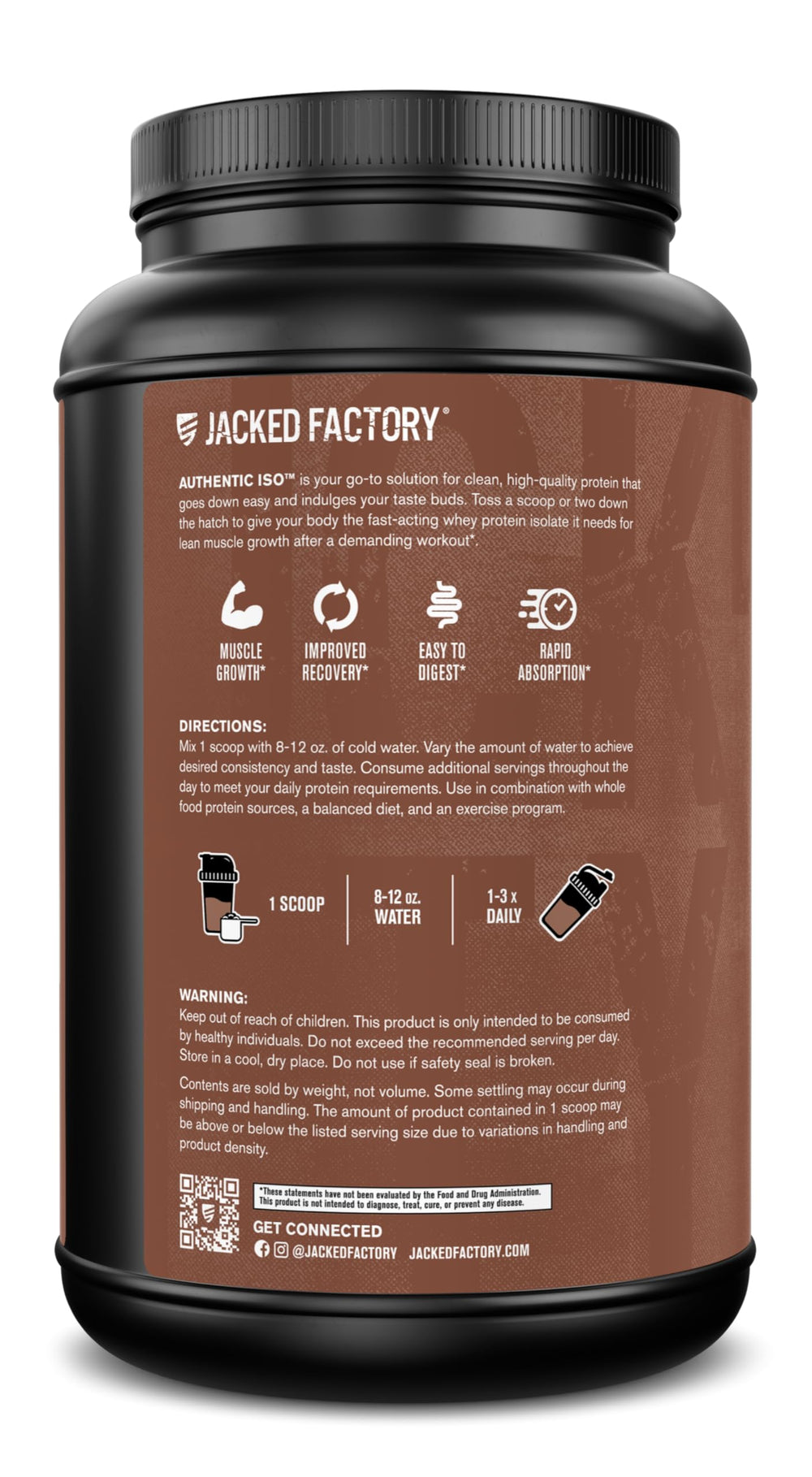 Jacked Factory Authentic ISO Whey chocolate powder highlighting rich flavor and low carbs