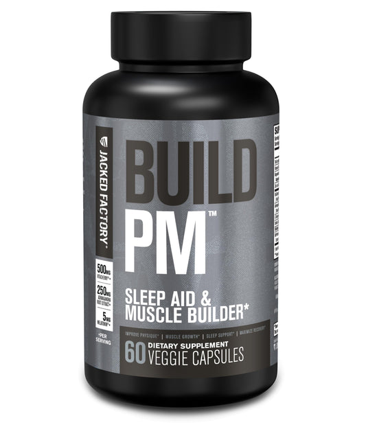 Jacked Factory Build PM bottle front view suggesting nighttime recovery benefits.