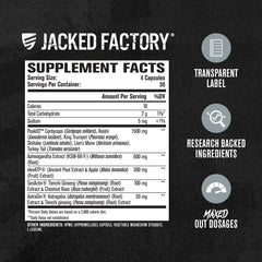 Jacked Factory Build-XT Max back panel lists Ashwagandha and PeakO2 benefits.