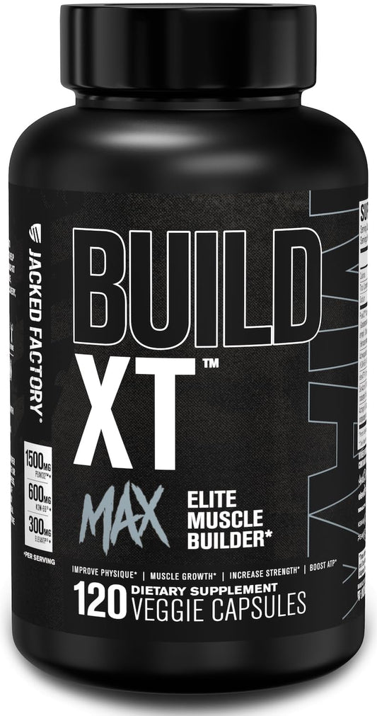 Jacked Factory Build-XT Max bottle label highlights PeakO2 for muscle support.