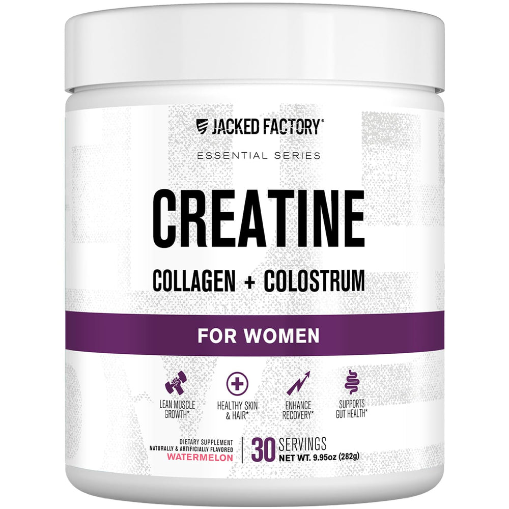 Jacked Factory Creatine for Women watermelon bottle front shows lean muscle focus and clean formula