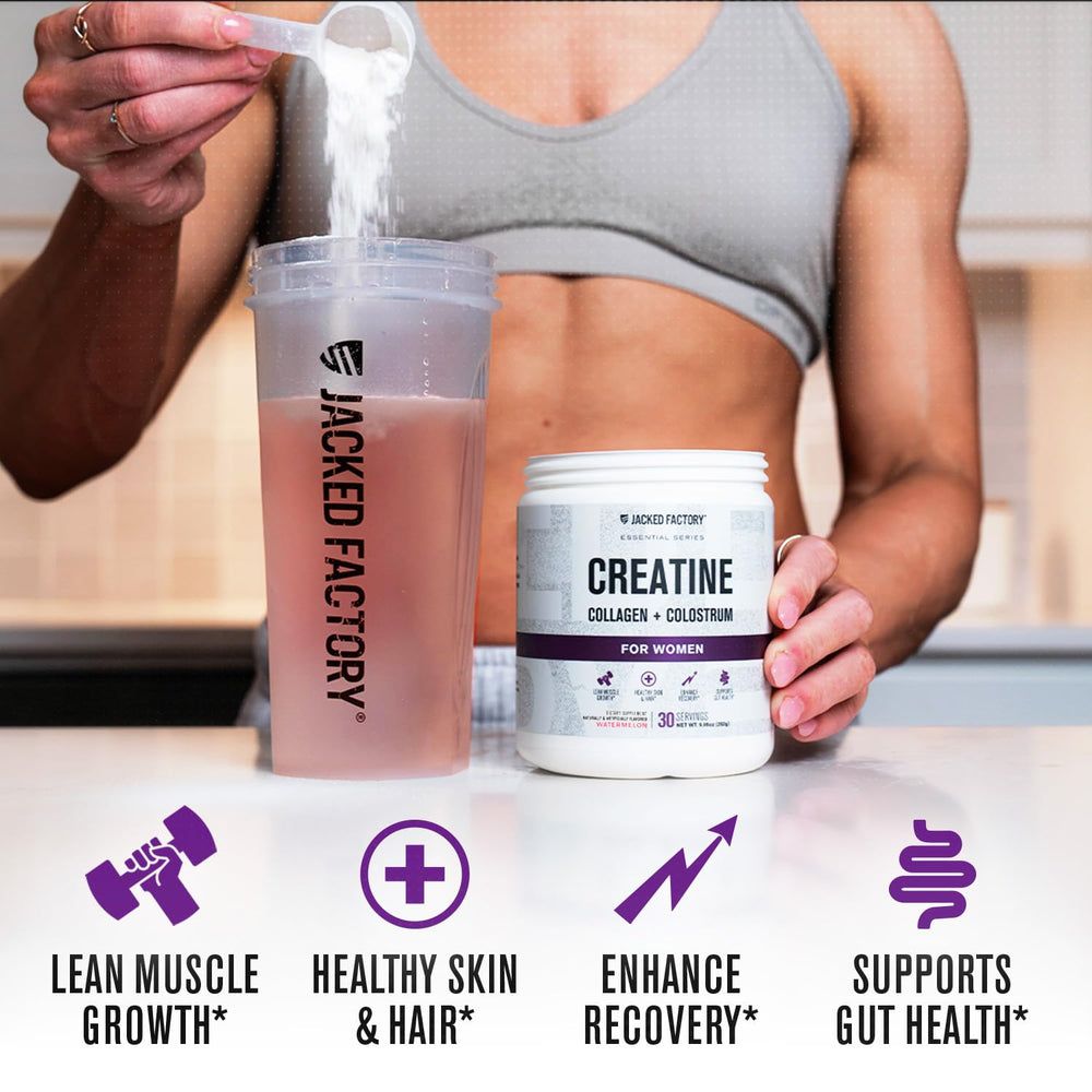Active woman lifting weights with Jacked Factory Creatine for Women watermelon