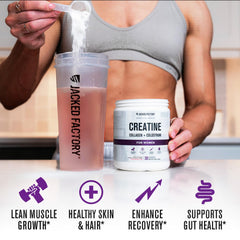 Active woman lifting weights with Jacked Factory Creatine for Women watermelon