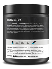 Jacked Factory Creatine + Glutamine packaging emphasizes cGMP certification for quality.