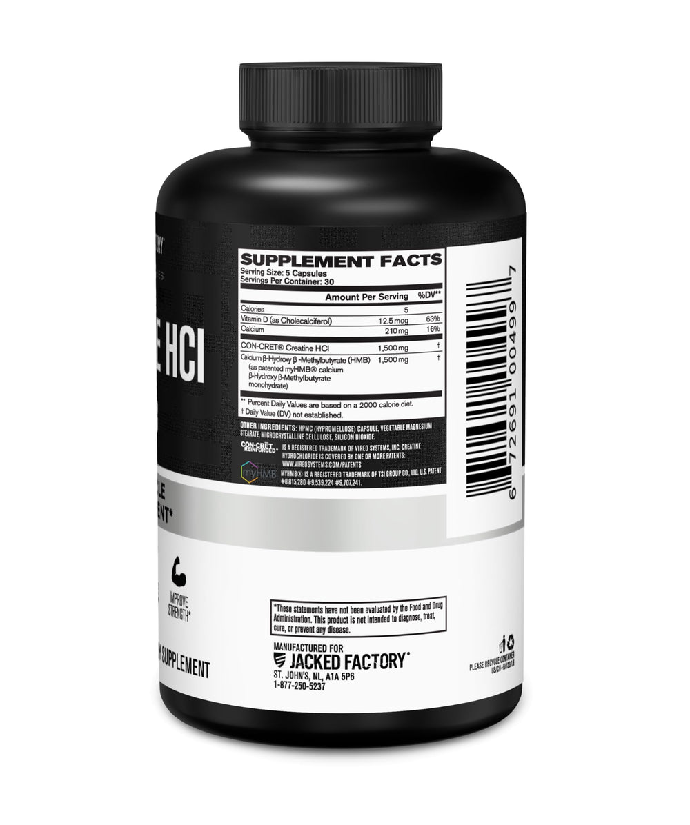 Jacked Factory Creatine HCL HMB capsules daily routine setup with water