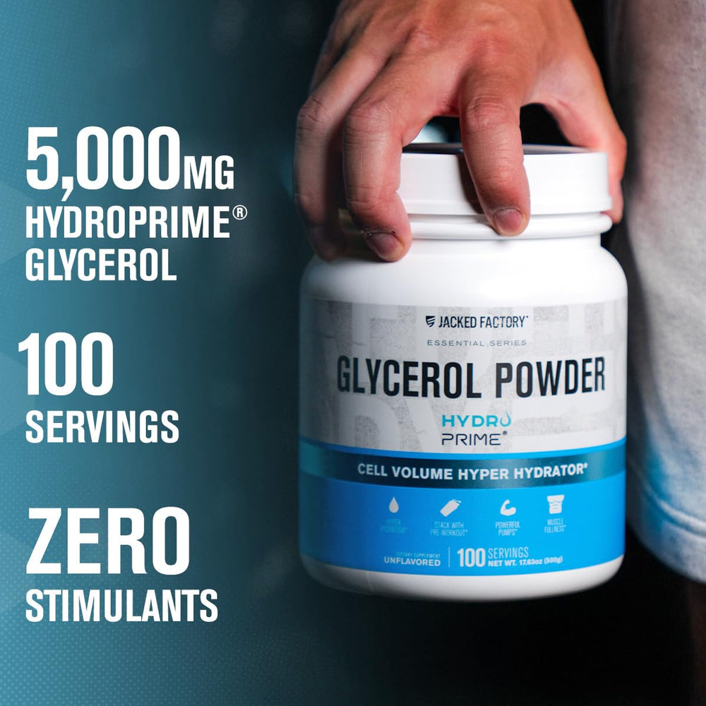 Jacked Factory Glycerol Pump Powder label close-up highlighting HydroPrime.