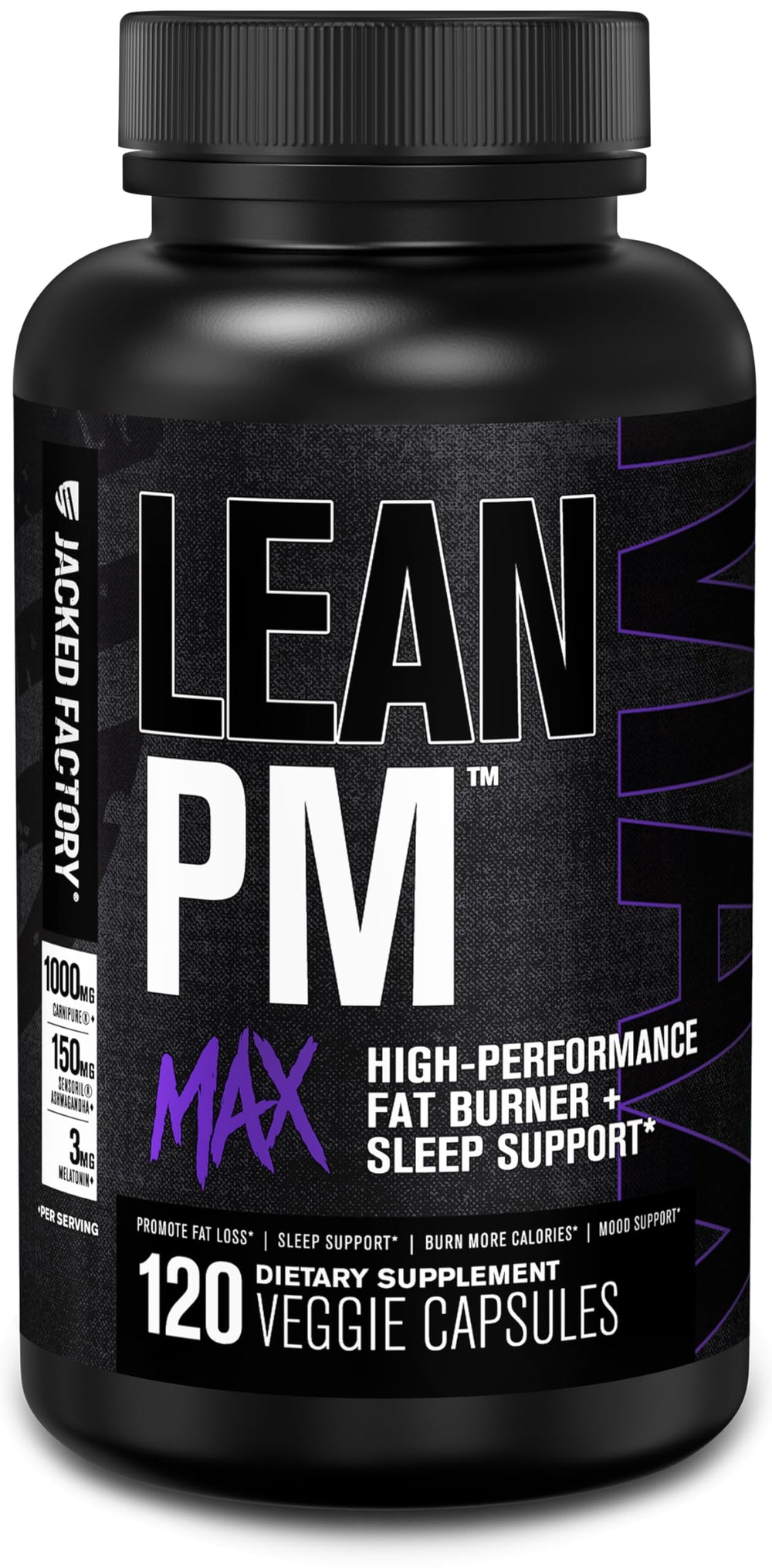 Jacked Factory Lean PM Max bottle front view for night-time use.