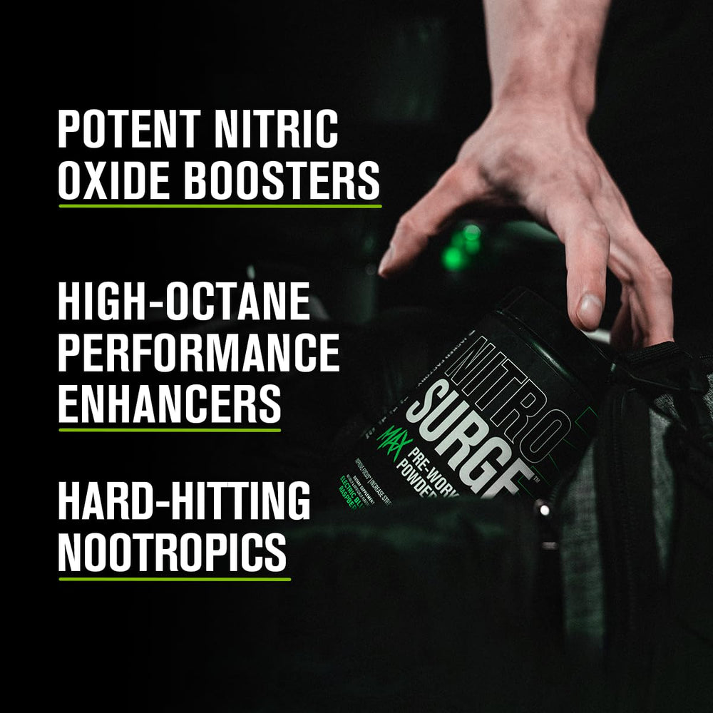 Nitrosurge Max electric blue raspberry label on a sleek pre-workout tub.