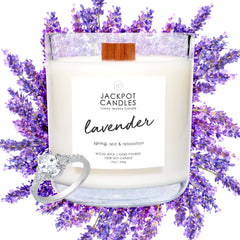 Jackpot Candles Lavender Candle in a 15-ounce jar for relaxing ambiance