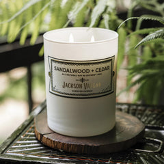 Jackson Vaughn 13.5oz soy wax candle close-up shows clean burn.
