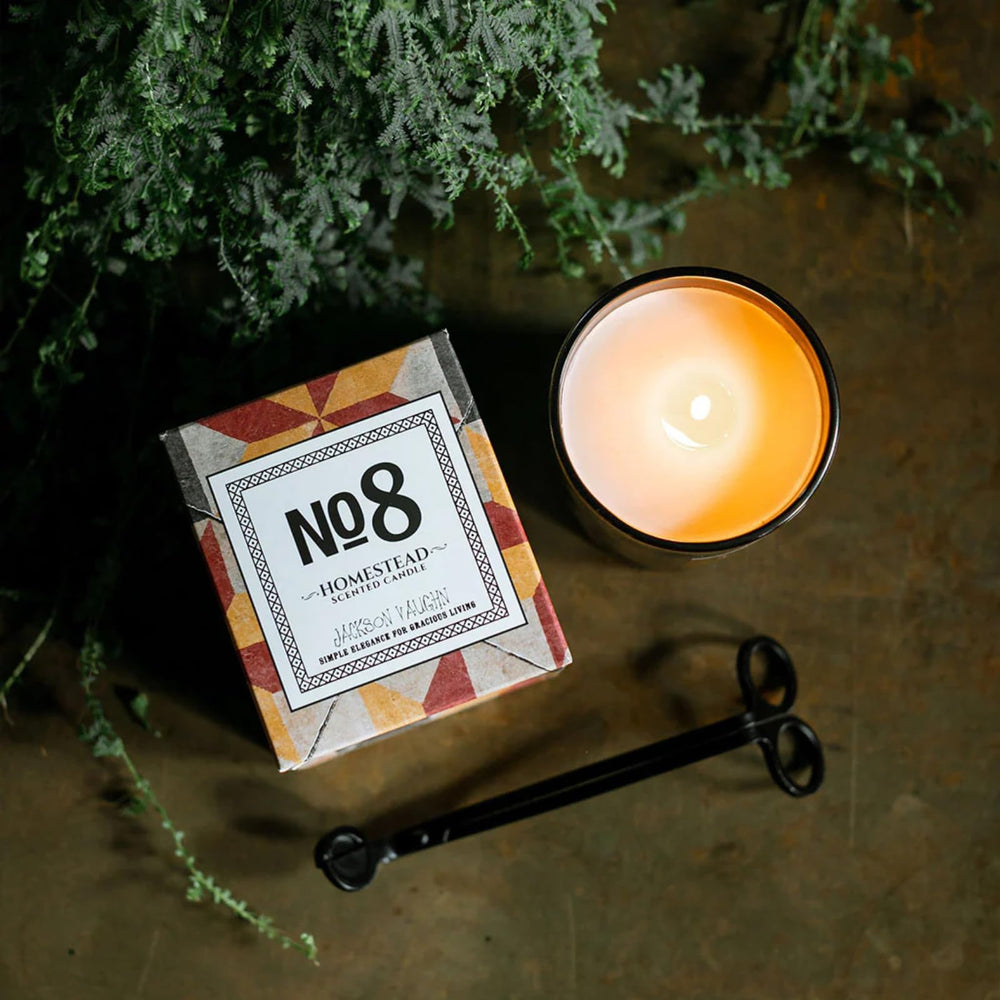 Jackson Vaughn No. 8 natural cotton wick burn provides steady flame and clean aroma delivery.