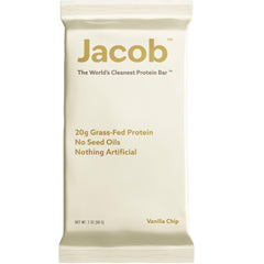 Jacob Bar Vanilla packaging close-up showing clean ingredients for a quick protein boost.
