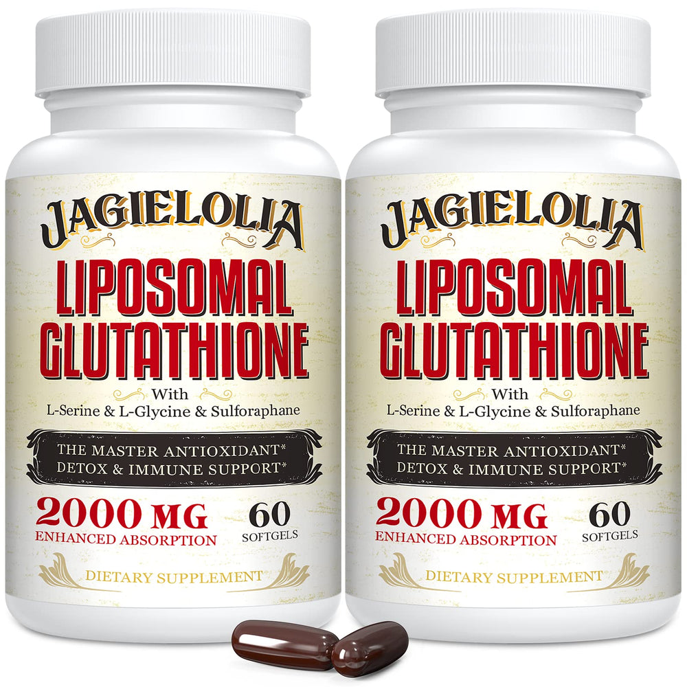 Jagielolia liposomal glutathione 2000mg bottle label highlights antioxidant support.