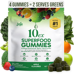 Jaje Health 10ex Supergreens Gummies bottle with 40 superfoods for daily energy.