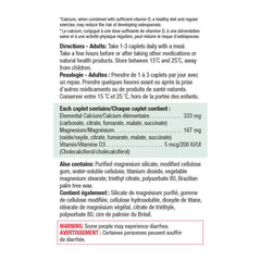 Jamieson calcium magnesium vitamin D3 tablets bottle side shows dosage options for daily supplementation.