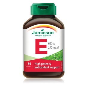 Jamieson Vitamin E 800 IU softgels bottle front view for convenient daily dose.
