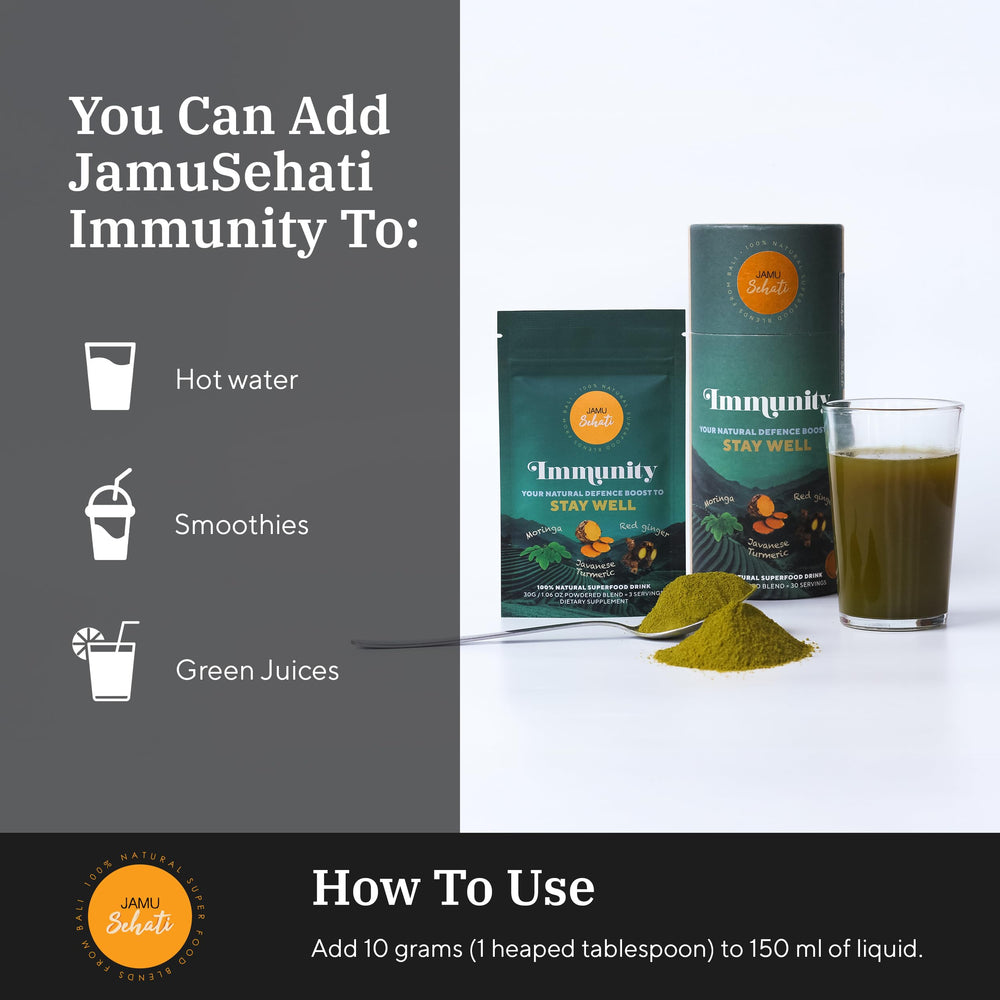 JAMUSEHATI Immunity ingredients blend featuring turmeric, ginger, moringa, and matcha.