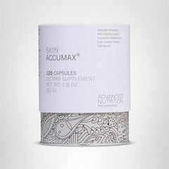 Skin Accumax bottle on shelf highlights convenient daily supplement option.