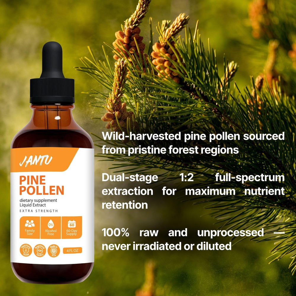 Close-up of Jantu Pine Pollen 10:1 extract label and clarity.