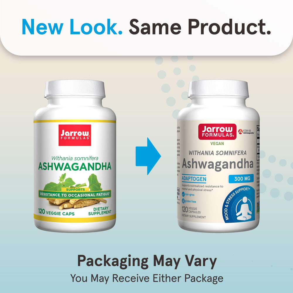 Jarrow Formulas Ashwagandha 300 mg label-back lists ingredients and serving details for transparency.