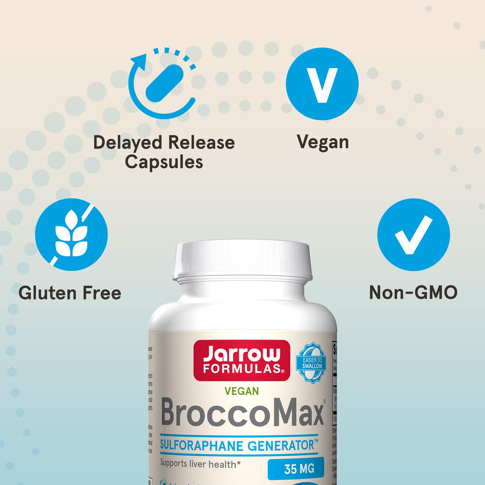 Close-up of delayed-release BroccoMax capsules emphasizing vegan format
