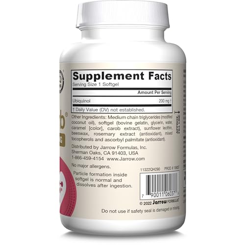 Jarrow Formulas CoQ10 ubiquinol bottle on a store display shelf.