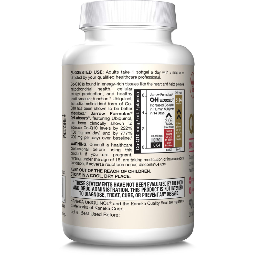 Jarrow Formulas CoQ10 ubiquinol softgels bottle closeup for absorption focus.